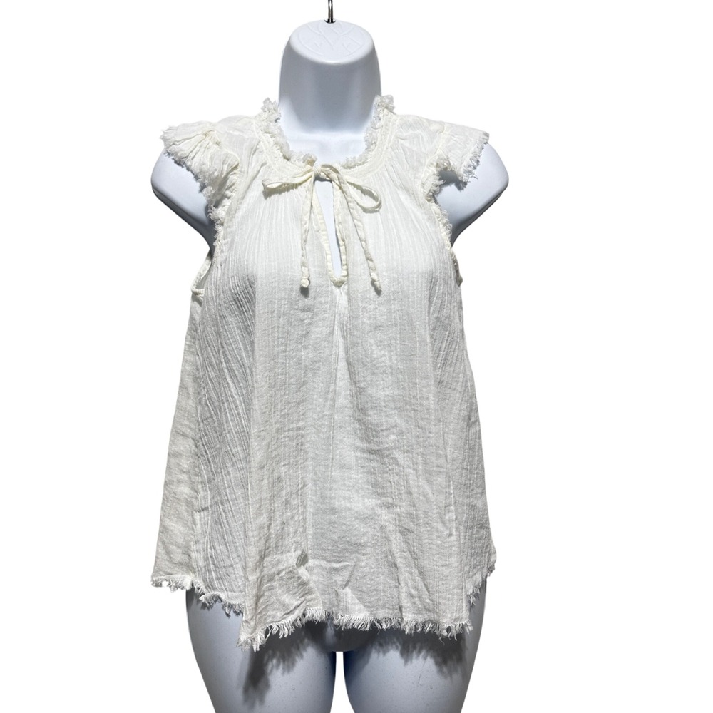 Aerie Women Romantic Blouse Top S Ivory Gauze Tie Neck Raw Hem Whimsical Cottage